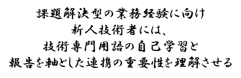 課題解決型の業務経験に向け新人技術者には、技術専門用語の自己学習と報告を軸とした連携の重要性を理解させる