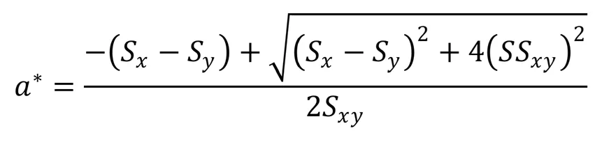 平方和に加え、x、yについてそれぞれの平均値との差分を掛け合わせ、それを積算する偏差積和を使って線形回帰の近似式の傾きを求める式